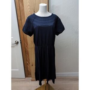 Talbots Womens Size Petite Large Navy Blue Eyelet Trim Short Sleeve Midi Dress